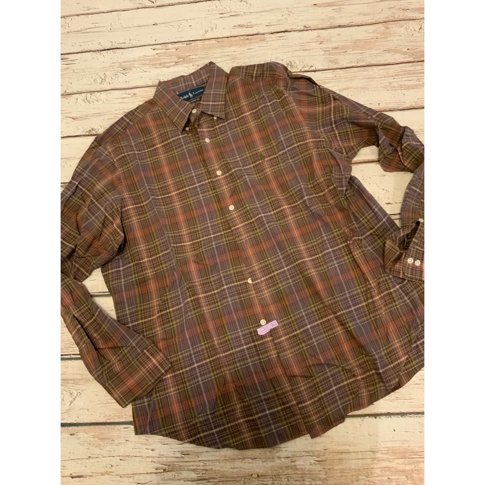 Ralph Lauren Classic Fit Plaid Button Down Shirt Purple Brown Mens 16.5 L